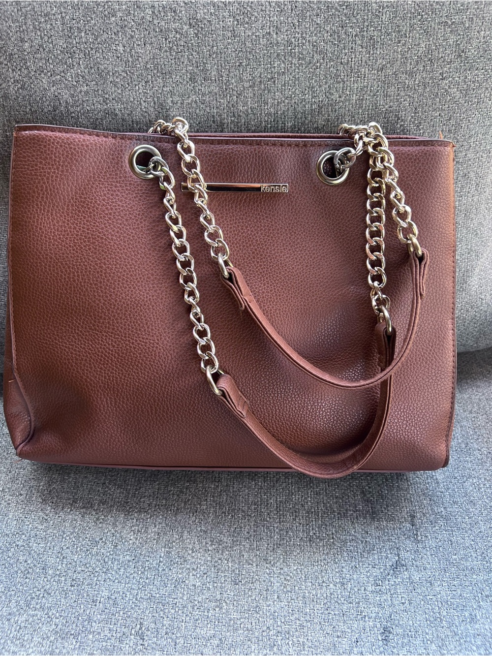 Kensie Women’s Brown Pebbled Leather Tote Bag Shoulder Purse Silver Chain Strap